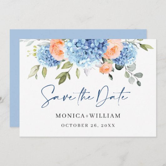 Elegantes Blue Hydrangea Blush Rose Blumenhochzeit Save The Date (Vorne/Hinten)