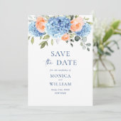 Elegantes Blue Hydrangea Blush Rose Blumenhochzeit Save The Date (Stehend Vorderseite)