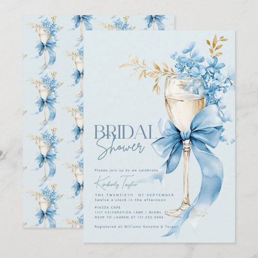 Elegantes Blue Hydrangea Bow-Brautparty Einladung (Vorne/Hinten)