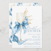 Elegantes Blue Hydrangea Bow Champagne Brautparty Einladung (Vorne/Hinten)