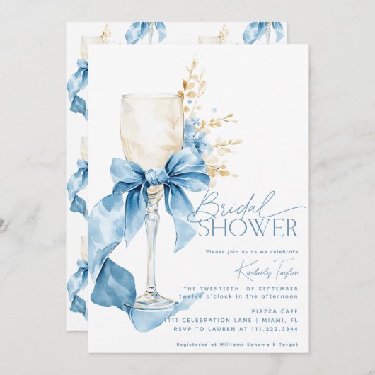 Elegantes Blue Hydrangea Bow Champagne Brautparty Einladung (Vorne/Hinten)