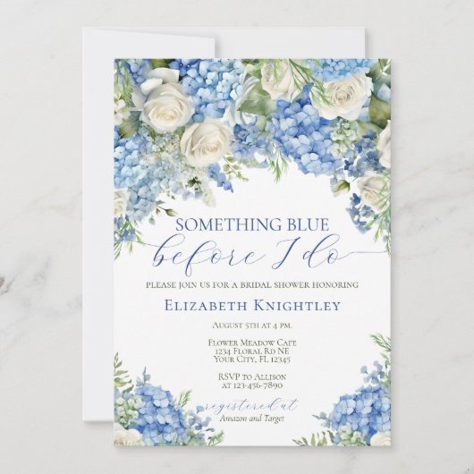 Elegantes Blue Hydrangea Brautparty Einladung (Vorderseite)