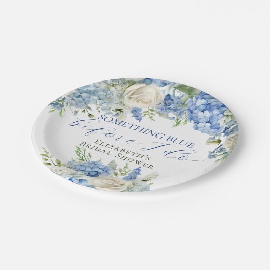 Elegantes Blue Hydrangea Brautparty Pappteller (Schrägansicht)