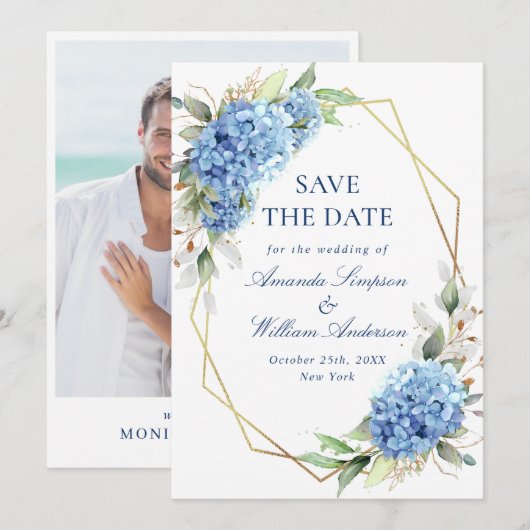 Elegantes Blue Hydrangea Floral Wedding Foto Save The Date (Vorne/Hinten)