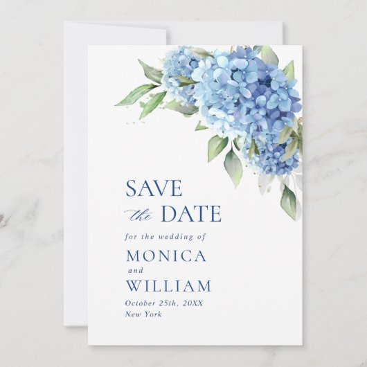 Elegantes Blue Hydrangea Floral Wedding Foto Save The Date (Vorderseite)