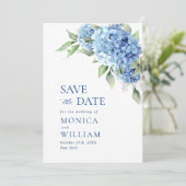 Elegantes Blue Hydrangea Floral Wedding Foto Save The Date (Stehend Vorderseite)