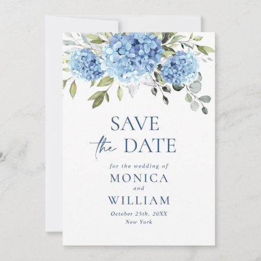 Elegantes Blue Hydrangea Floral Wedding Foto Save The Date (Vorderseite)