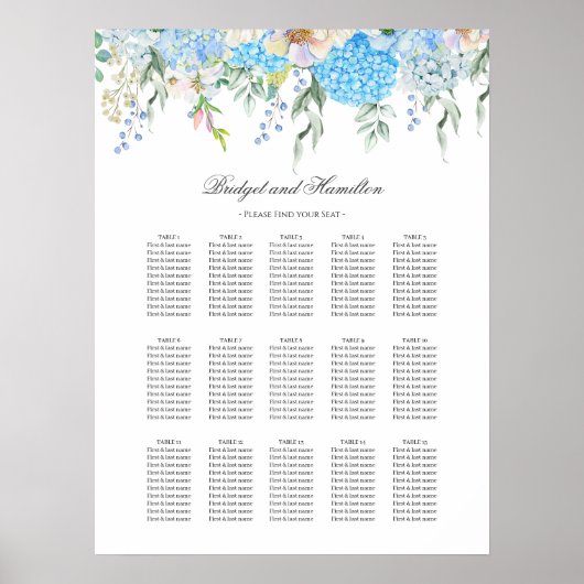 Elegantes Blue Hydrangea Hochzeitsdiagramm Poster (Vorne)