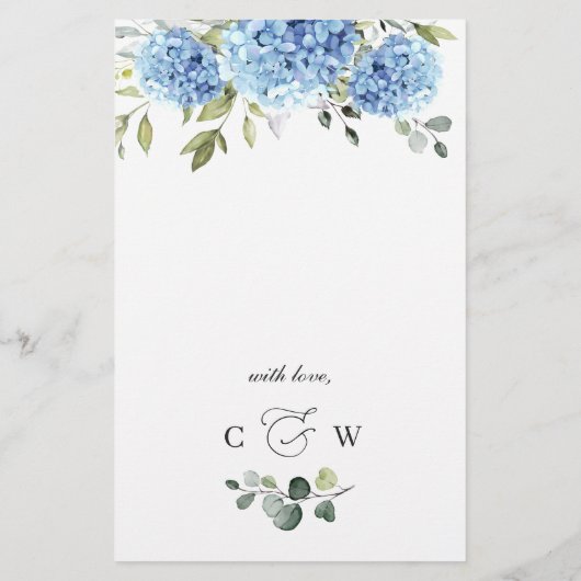 Elegantes Blue Hydrangea Hochzeitsmenü (Rückseite)