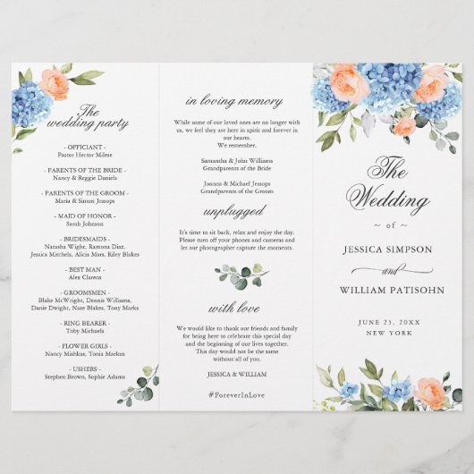 Elegantes Blue Hydrangea Hochzeitsprogramm (Vorderseite)