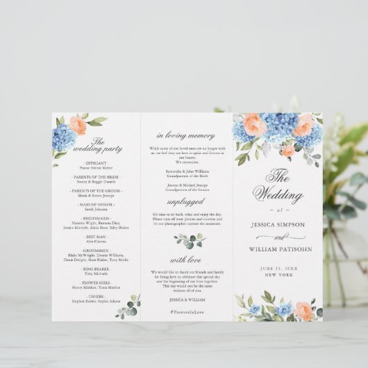 Elegantes Blue Hydrangea Hochzeitsprogramm (Stehend Vorderseite)