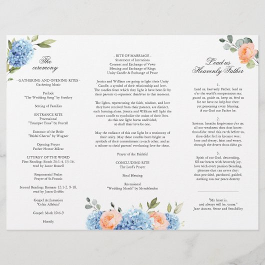 Elegantes Blue Hydrangea Hochzeitsprogramm (Rückseite)