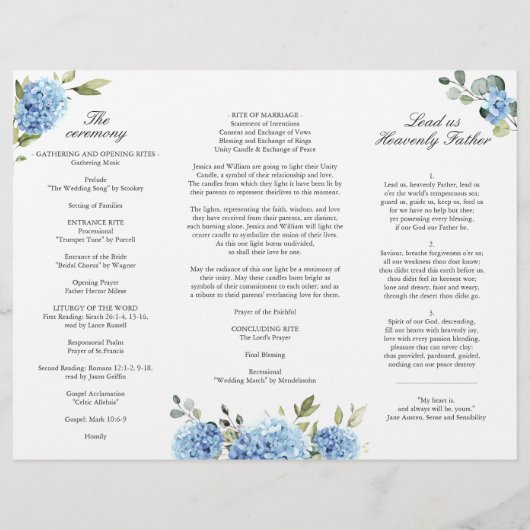 Elegantes Blue Hydrangea Hochzeitsprogramm (Rückseite)