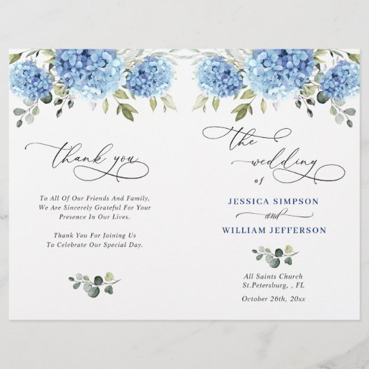 Elegantes Blue Hydrangea Hochzeitsprogramm (Vorderseite)