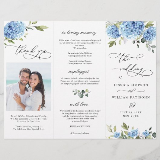 Elegantes Blue Hydrangea Hochzeitsprogramm (Vorderseite)