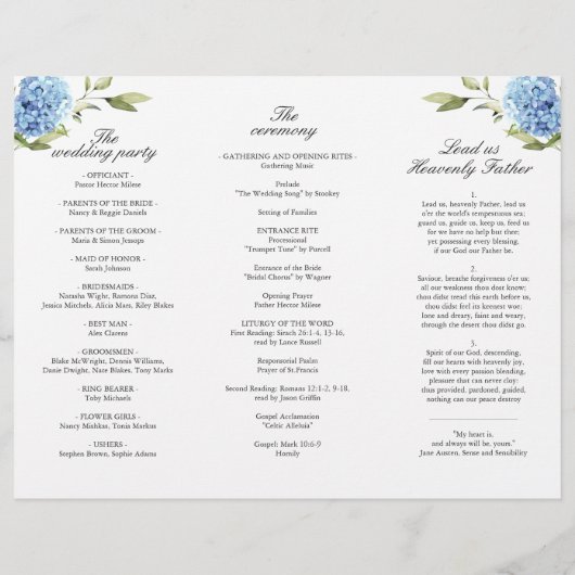 Elegantes Blue Hydrangea Hochzeitsprogramm (Rückseite)