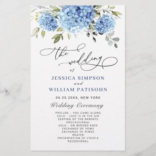 Elegantes Blue Hydrangea Hochzeitsprogramm (Vorderseite)