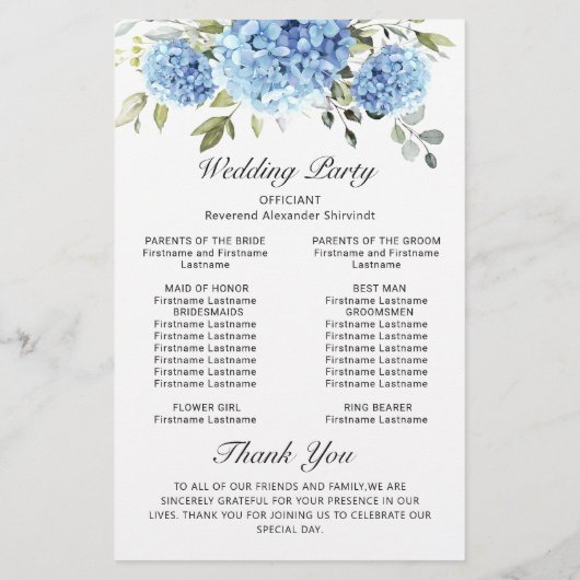 Elegantes Blue Hydrangea Hochzeitsprogramm (Rückseite)