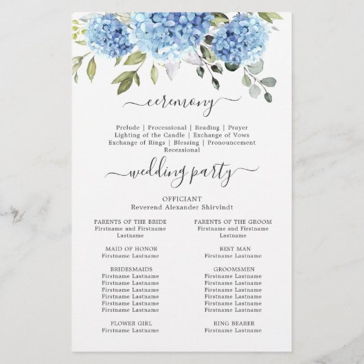 Elegantes Blue Hydrangea Hochzeitsprogramm (Rückseite)