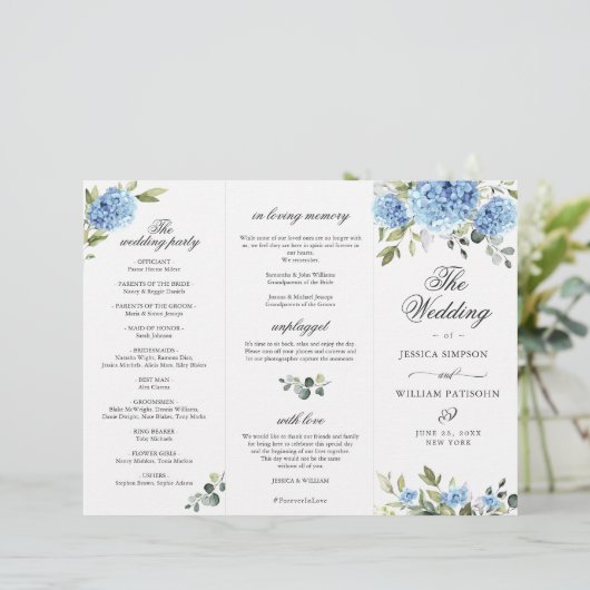 Elegantes Blue Hydrangea Hochzeitsprogramm (Stehend Vorderseite)