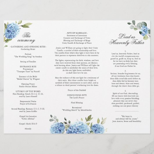 Elegantes Blue Hydrangea Hochzeitsprogramm (Rückseite)