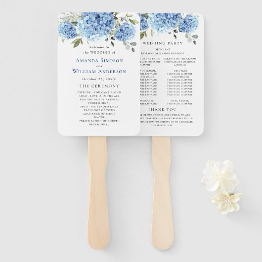 Elegantes Blue Hydrangea Hochzeitsprogramm Fächer (Vorne und Hinten)