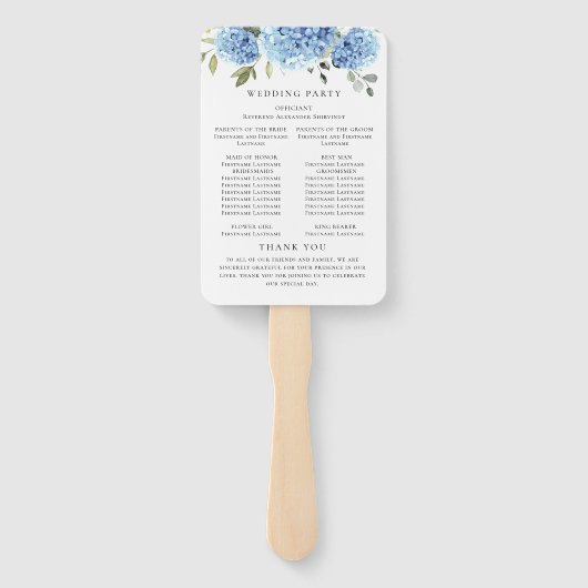Elegantes Blue Hydrangea Hochzeitsprogramm Fächer (Rückseite)