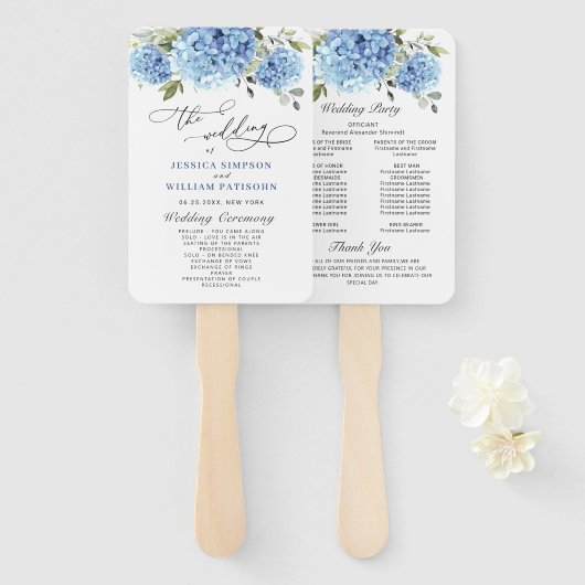 Elegantes Blue Hydrangea Hochzeitsprogramm Fächer (Vorne und Hinten)