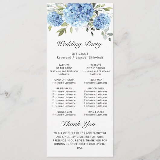 Elegantes Blue Hydrangea Hochzeitsprogramm Programm (Rückseite)