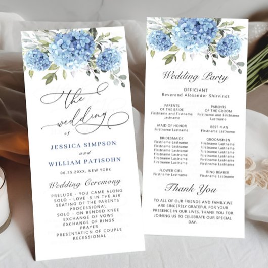Elegantes Blue Hydrangea Hochzeitsprogramm Programm