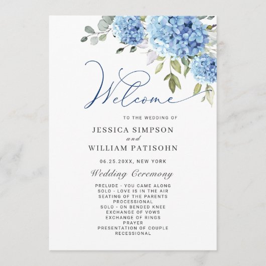 Elegantes Blue Hydrangea Hochzeitsprogramm Programm (Vorderseite)