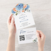 Elegantes Blue Hydrangea Rosa Blush Rose Hochzeit All In One Einladung (Abreißen)