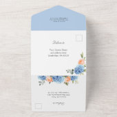 Elegantes Blue Hydrangea Rosa Blush Rose Hochzeit All In One Einladung (Außenbereich)