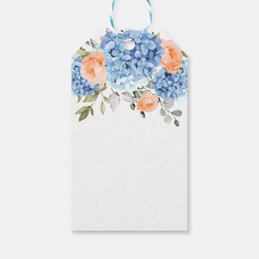 Elegantes Blue Hydrangea Rosa Blush Rose Hochzeit Geschenkanhänger (Rückseite)