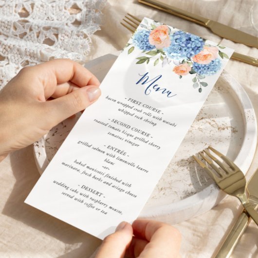 Elegantes Blue Hydrangea Rosa Blush Rose Hochzeit Menükarte