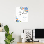 Elegantes Blue Hydrangea Rosa Blush Rose Hochzeit Poster (Heimbüro)