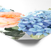 Elegantes Blue Hydrangea Rosa Blush Rose Hochzeit Poster (Ecke)