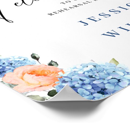 Elegantes Blue Hydrangea Rosa Blush Rose Hochzeit Poster (Ecke)