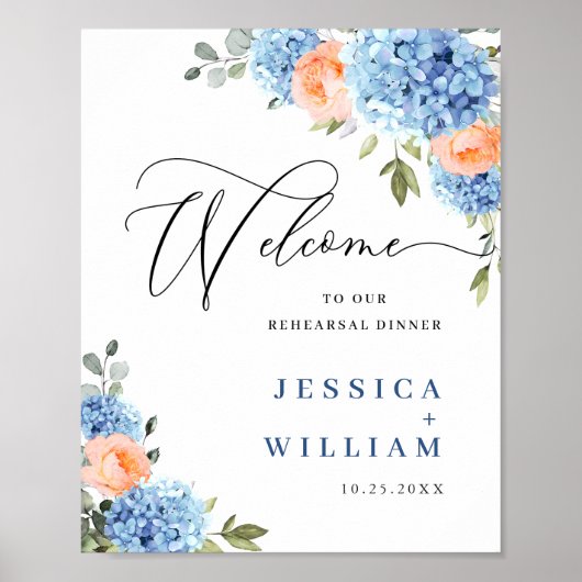 Elegantes Blue Hydrangea Rosa Blush Rose Hochzeit Poster (Vorne)