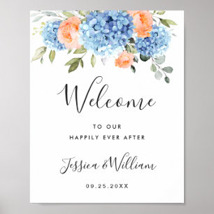 Elegantes Blue Hydrangea Rosa Blush Rose Hochzeit Poster