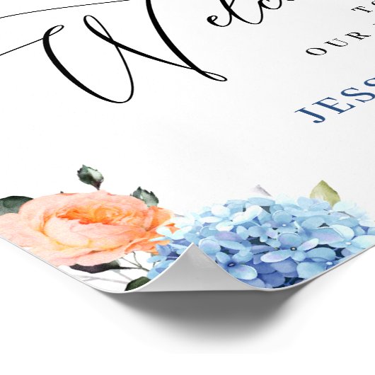 Elegantes Blue Hydrangea Rosa Blush Rose Hochzeit Poster (Ecke)