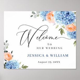 Elegantes Blue Hydrangea Rosa Blush Rose Hochzeit Poster
