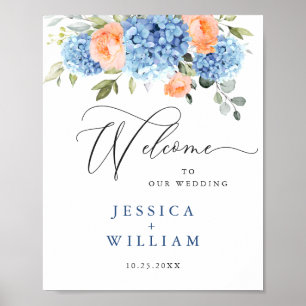 Elegantes Blue Hydrangea Rosa Blush Rose Hochzeit Poster
