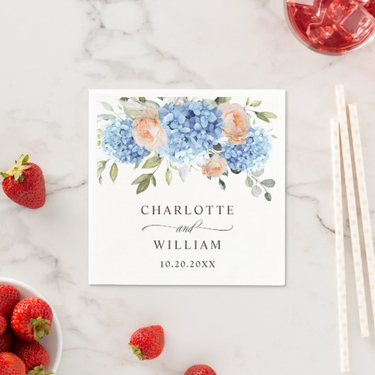 Elegantes Blue Hydrangea Rosa Blush Rose Hochzeit Serviette (Beispiel)