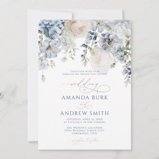 Elegantes Blue Hydrangea & Rose Hochzeiten Einladung (Vorderseite)