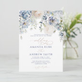 Elegantes Blue Hydrangea & Rose Hochzeiten Einladung (Stehend Vorderseite)