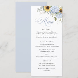 Elegantes Blue Hydrangea Sonnenblumen Hochzeitsmen Menükarte