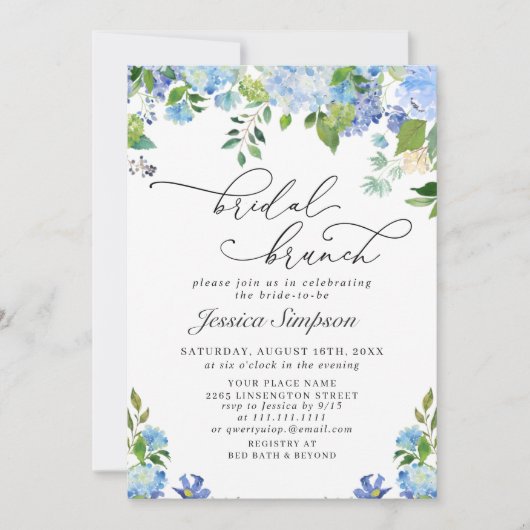 Elegantes Blue Hydrangea Watercolor Bridal Brunch Einladung (Vorderseite)