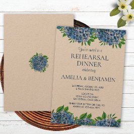 Elegantes Blue Hydrangeas Hochzeitsessen Probe Einladung