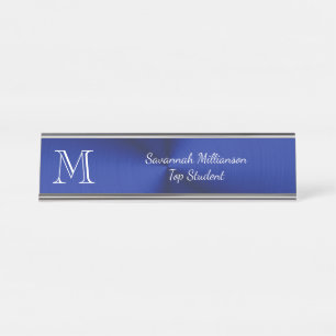 Elegantes Blue Imitats Metal Student Monogramm Schreibtischnamensplakette